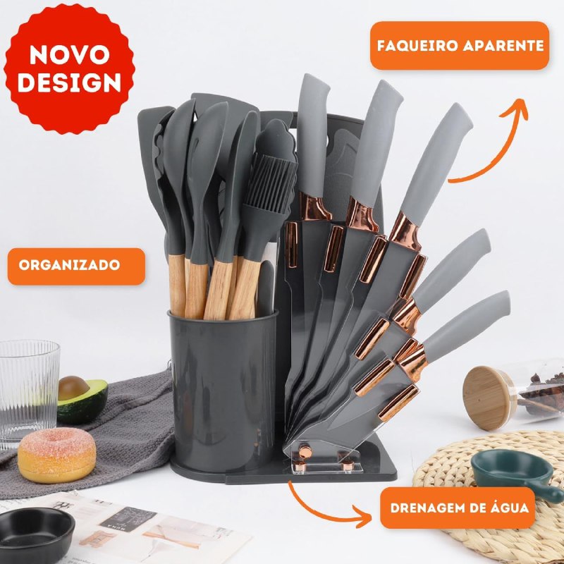 JUEGO DE CUCHILLOS DE COCINA, NEGRO GRIS Y BLANCO UTENSILIOS DE COCINA, CUCHARONES AGARRE COMODO, LIGERO, DURADERO EVRYALTH 18UND