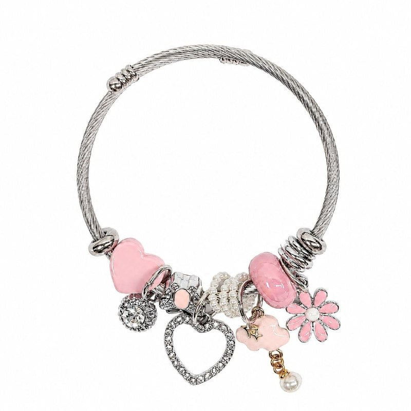 PULSERA DE ENCHAPE PARA DAMA CON DISEÑO DE CORZON, NUBE Y FLOR  6CM