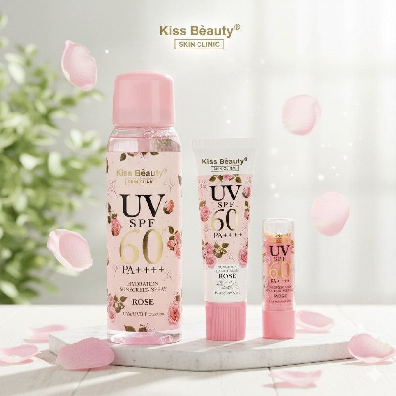 SET DE PROTECCION SOLAR Y CUIDADO HIDRATANTE CON EXTRACTO DE ROSA 3PCS KISS BEAUTY