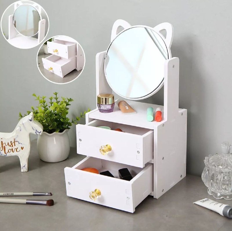 ESTANTE ORGANIZADOR DE MAQUILLAJE O JOYERIA COLOR BLANCO CON ESPEJO DISEÑO DE GATO 16X13X27CM