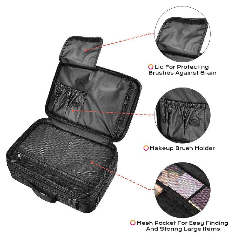 ORGANIZADOR ESTUCHE DE ALMACENAMIENTO DE MAQUILLAJE PORTATIL CON SEPARADORES AJUSTABLES NEGRO 34.5x23.5x12CM