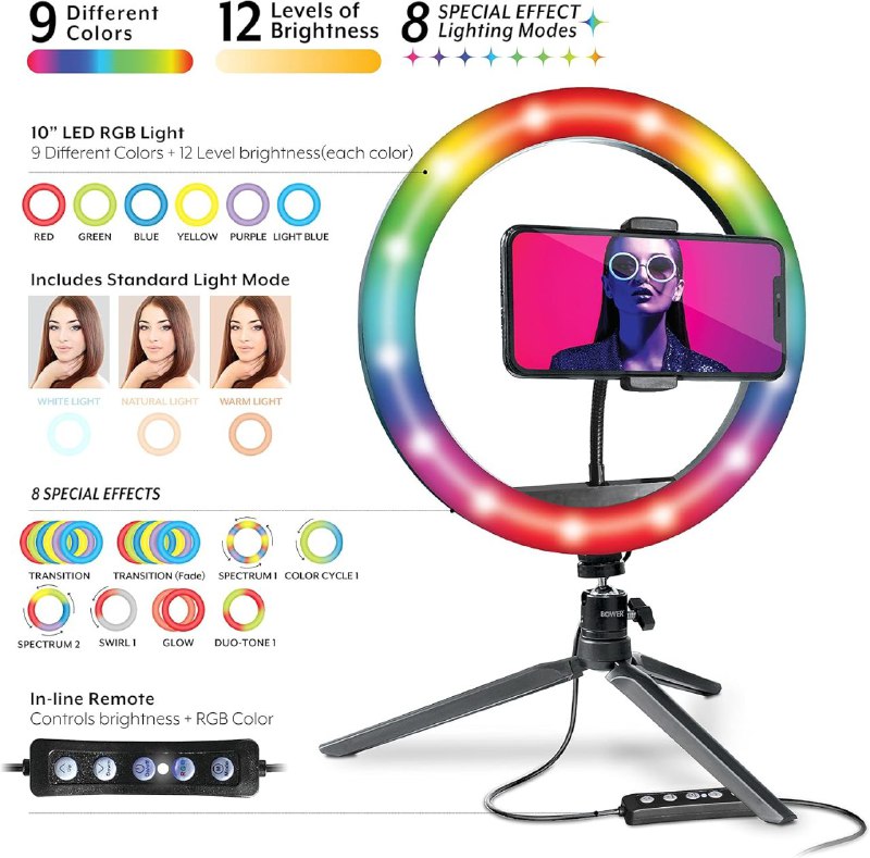 ARO DE LUZ LED RGB DE MESA CON SOPORTE PARA TELEFONO TRIPOIDE DE 10 PULGADAS BOWER
