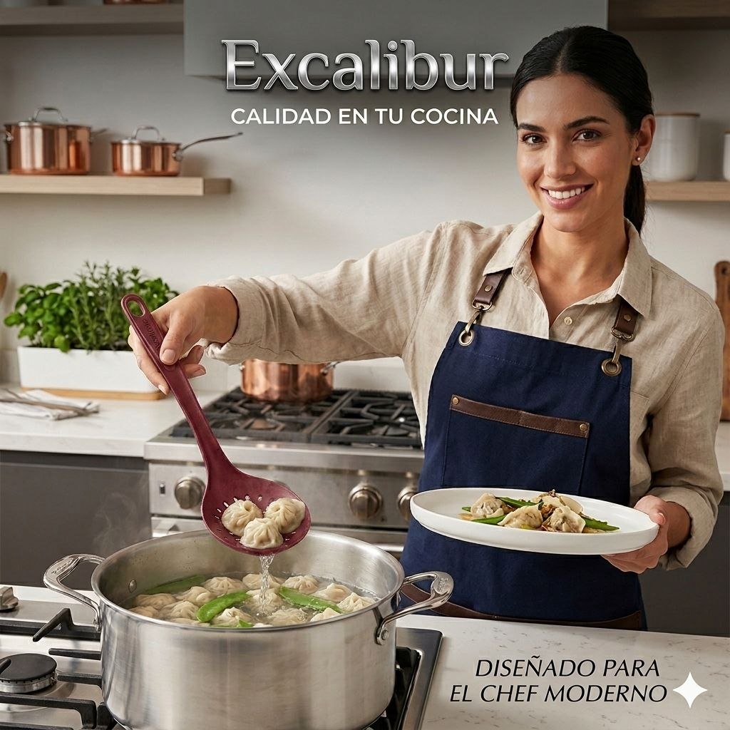 CUCHARA ESCURRIDORA ESPUMADORA DE NYLON RESISTENTE EXCALIBUR 32x12CM