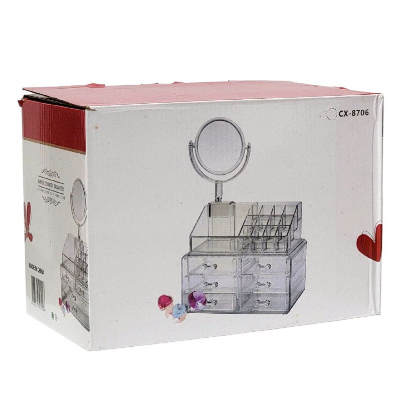 ORGANIZADOR ESTANTE DE COSMETICOS, MAQUILLAJE O JOYERIA TRANSPARENTE DE ACRILICO CON ESPEJO 18X22x13CM