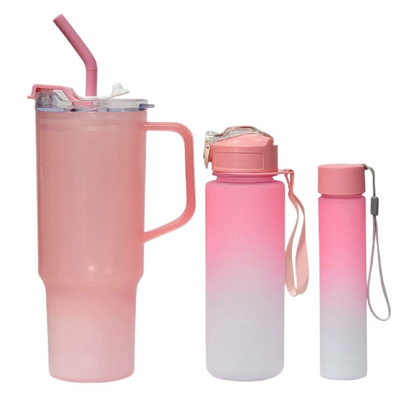 VASO TERMO PLASTICO CON ASA EN SET, 2 BOTES TERMOS MEDIANO Y PEQUEÑO, INCLUYE STICKERS, 3 COLORES