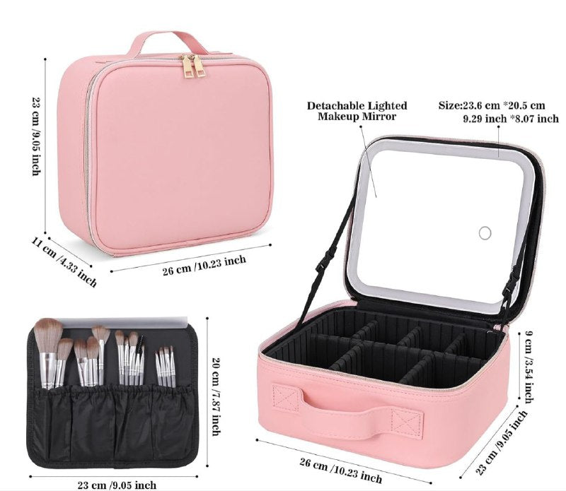 ORGANIZADOR DE COSMETICOS, ESTUCHE ORGANIZADOR DE MAQUILLAJE CON ESPEJO LED, DE 3 MODOS DE LUZ, CUBIERTA TRANSPARENTE, CORREA, DIVISIONES LED MAKEUP MIRROR HANDHELD