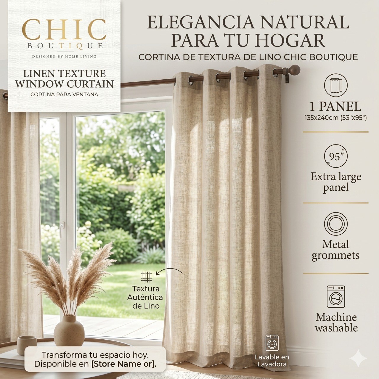 CORTINA PARA VENTANA DE TEXTURA LINEN CHIC BOUTIQUE 135X240CM