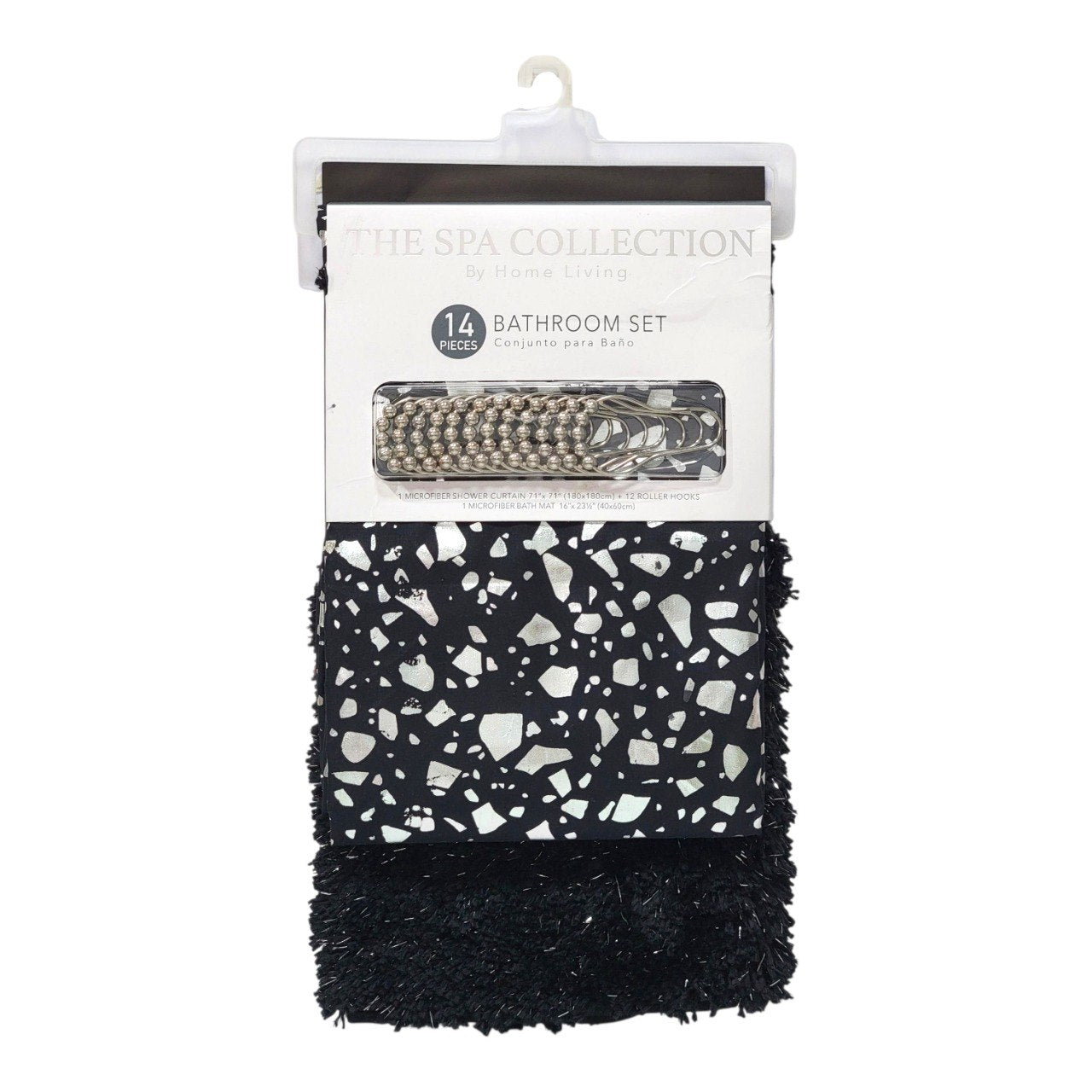 SET DE BAÑO DE CORTINA Y ALFOMBRA COLOR NEGRO CON ESTAMPADO 14PCS THE SPA COLLECTION