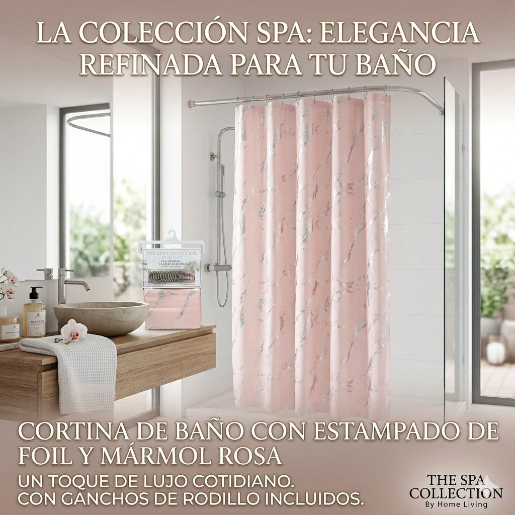 CORTINA PARA BAÑO COLOR ROSA CON ESTAMPADO PLATEADO THE SPA COLLECTION 180X180CM