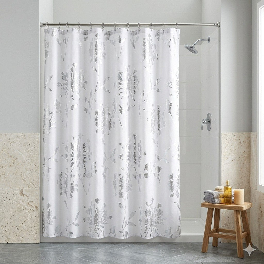 CORTINA DE BAÑO COLOR BLANCO CON ESTAMPADO PLATEADO THE SPA COLLECTION 180X180CM