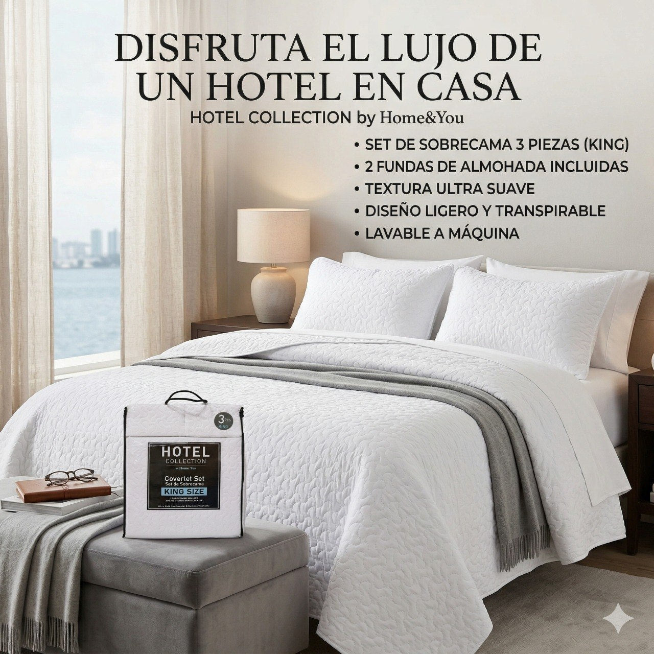 SET DE CUBRECAMA LIGERO DE ALTA GAMA TAMAÑO KING CON FUNDAS HOTEL COLLECTION 254X218CM