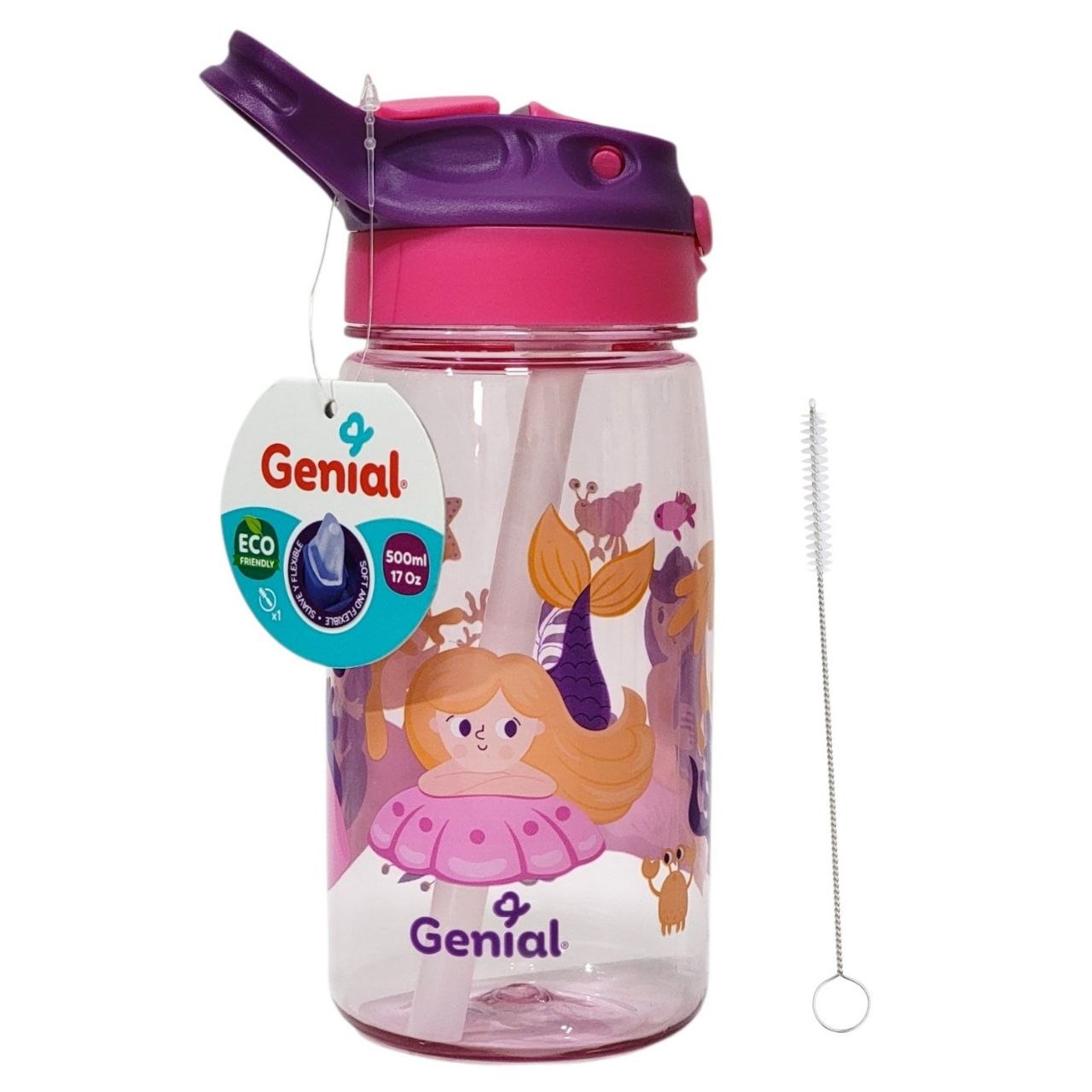 BOTELLA DE AGUA INFANTIL CON CEPILLO LIMPIADOR GENIAL 500ML