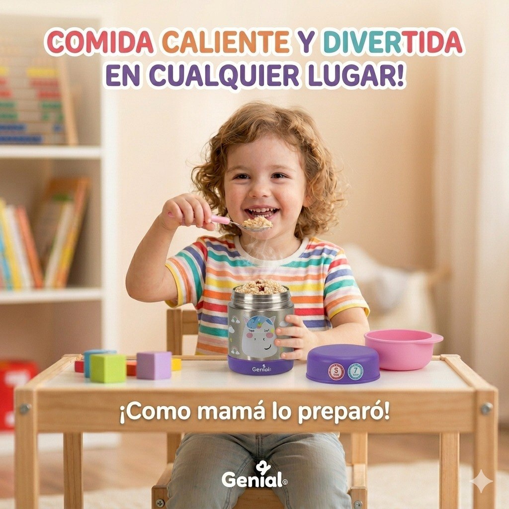 RECIPIENTE TERMO ISOTERMICO PARA ALIMENTOS INFANTIL CON CUCHARA-TENEDOR GENIAL 350ML