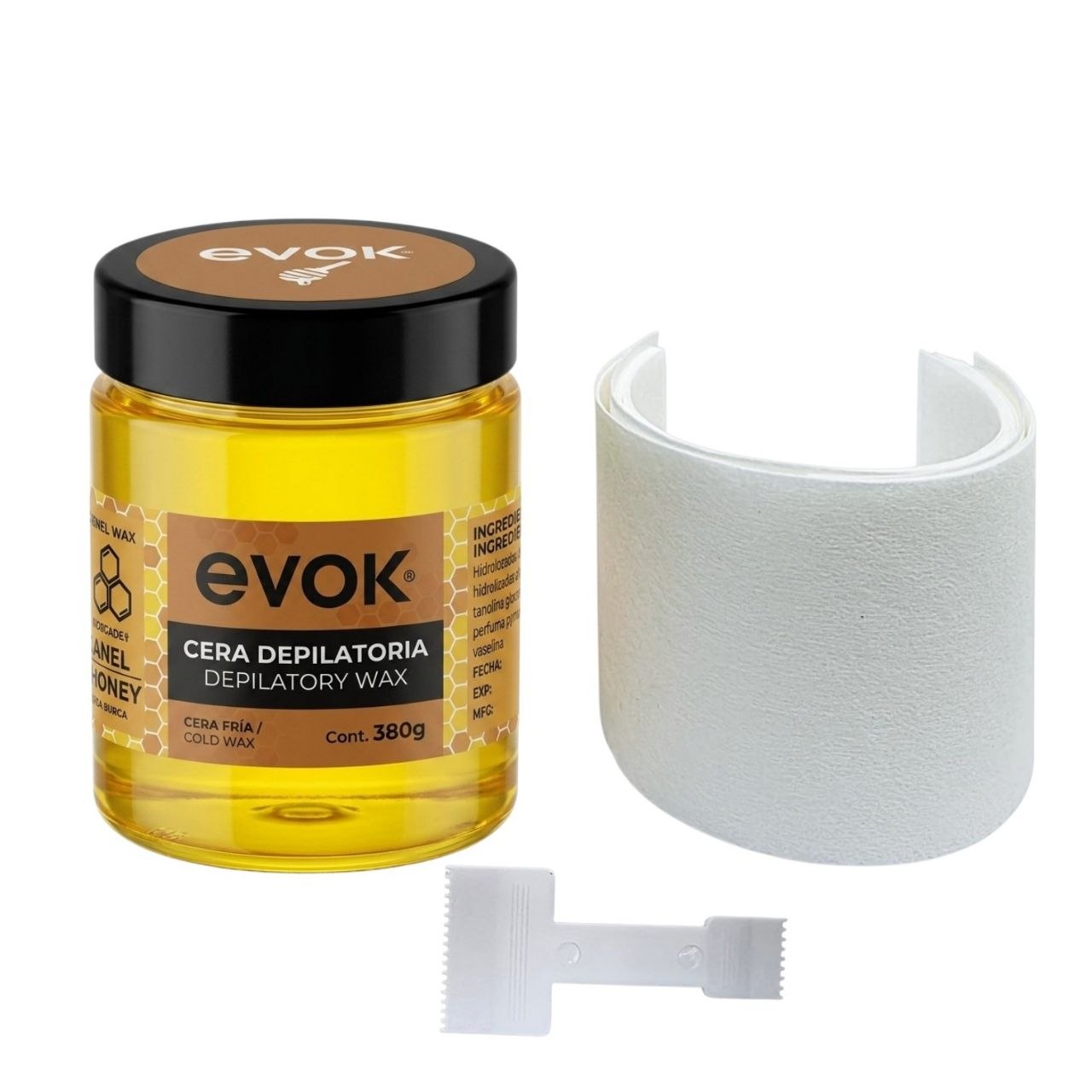 CERA DEPILATORIA FRIA CON FRAGANCIA A MIEL CON TIRAS Y ESPATULA EVOK 30G