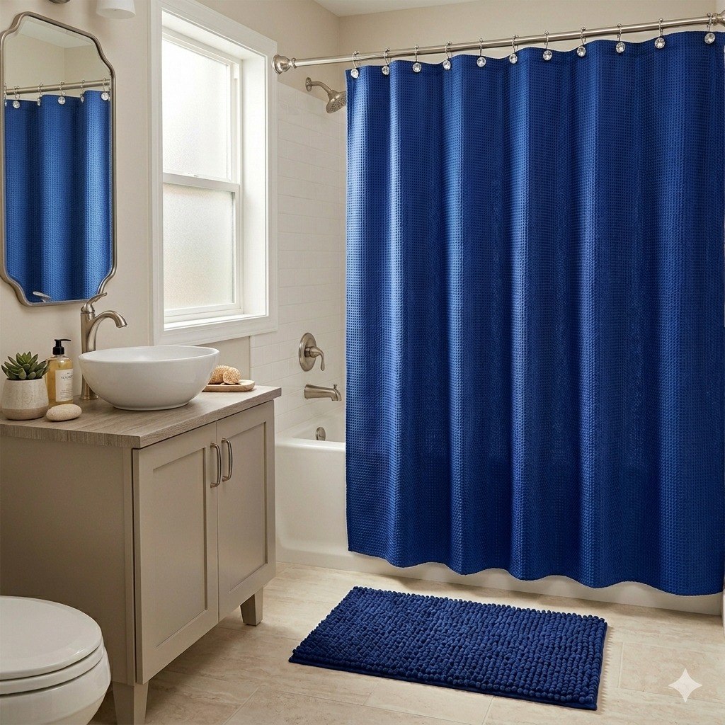 SET DE BAÑO DE ALFOMBRA Y CORTINA COLOR AZUL MARINO 3PCS HPC POLO