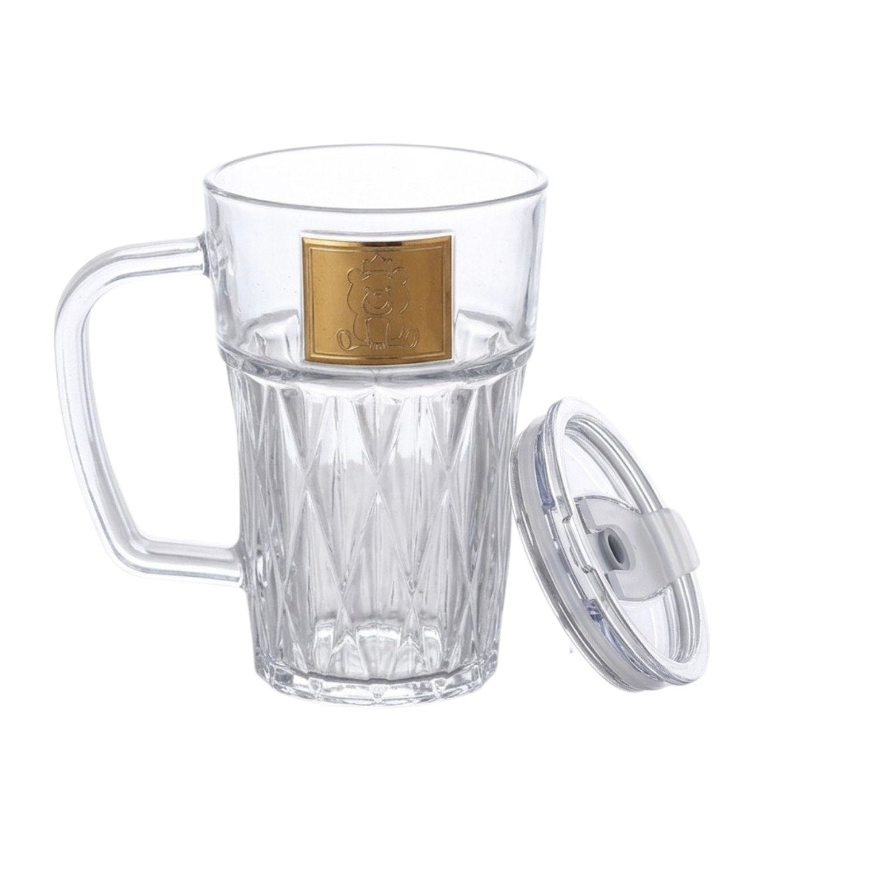TAZA DE VIDRIO CON TAPA ACRILICA Y SELLO DE SEGURIDAD 14CM