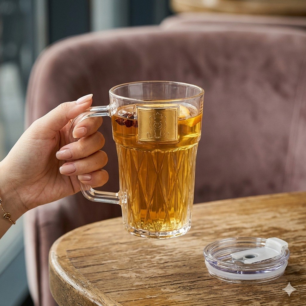TAZA DE VIDRIO CON TAPA ACRILICA Y SELLO DE SEGURIDAD 14CM