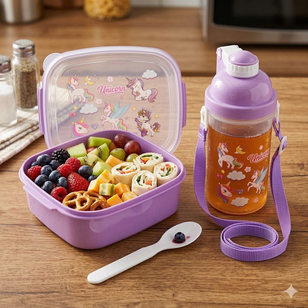 LONCHERA PANA CON VASO CON CORREA Y CUBIERTO INFANTIL BENELI HOME 6X16X13CM