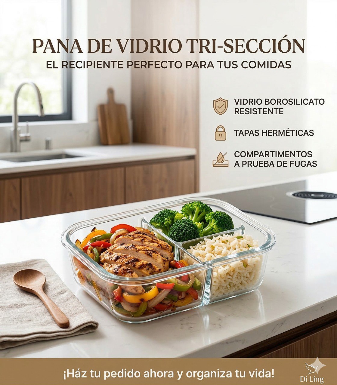 RECIPIENTE PANA HERMETICO DE VIDRIO CON TRIPLE DIVISION BENELI HOME 21X16X7CM