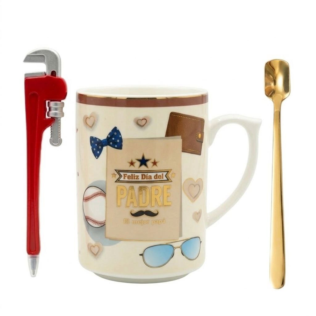 SET DE TAZA DE REGALO PARA PAPÁ CON CUCHARA DE LUJO Y LAPIZ EN FORMA DE LLAVE INGLESA BENELI HOME