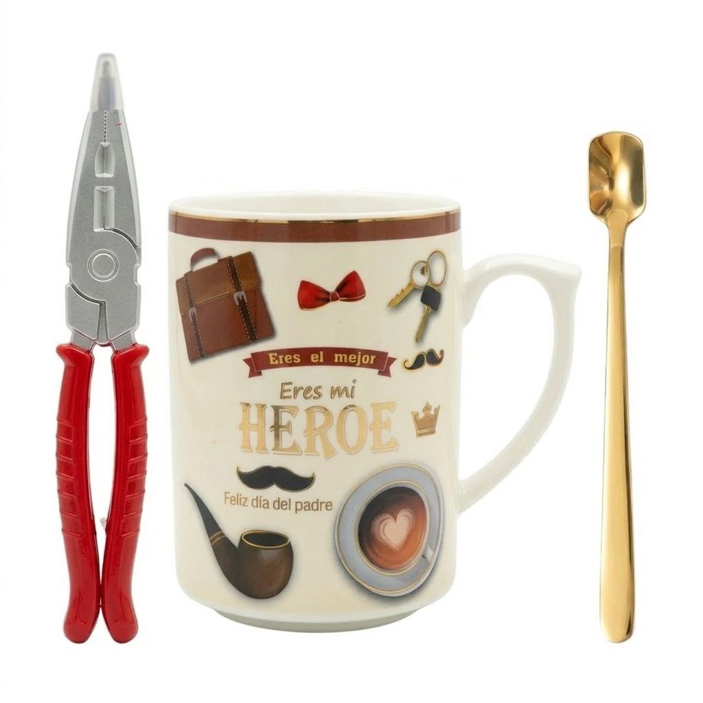 SET DE TAZA DE REGALO PARA PAPÁ CON CUCHARA DE LUJO Y LAPIZ EN FORMA DE LLAVE INGLESA BENELI HOME