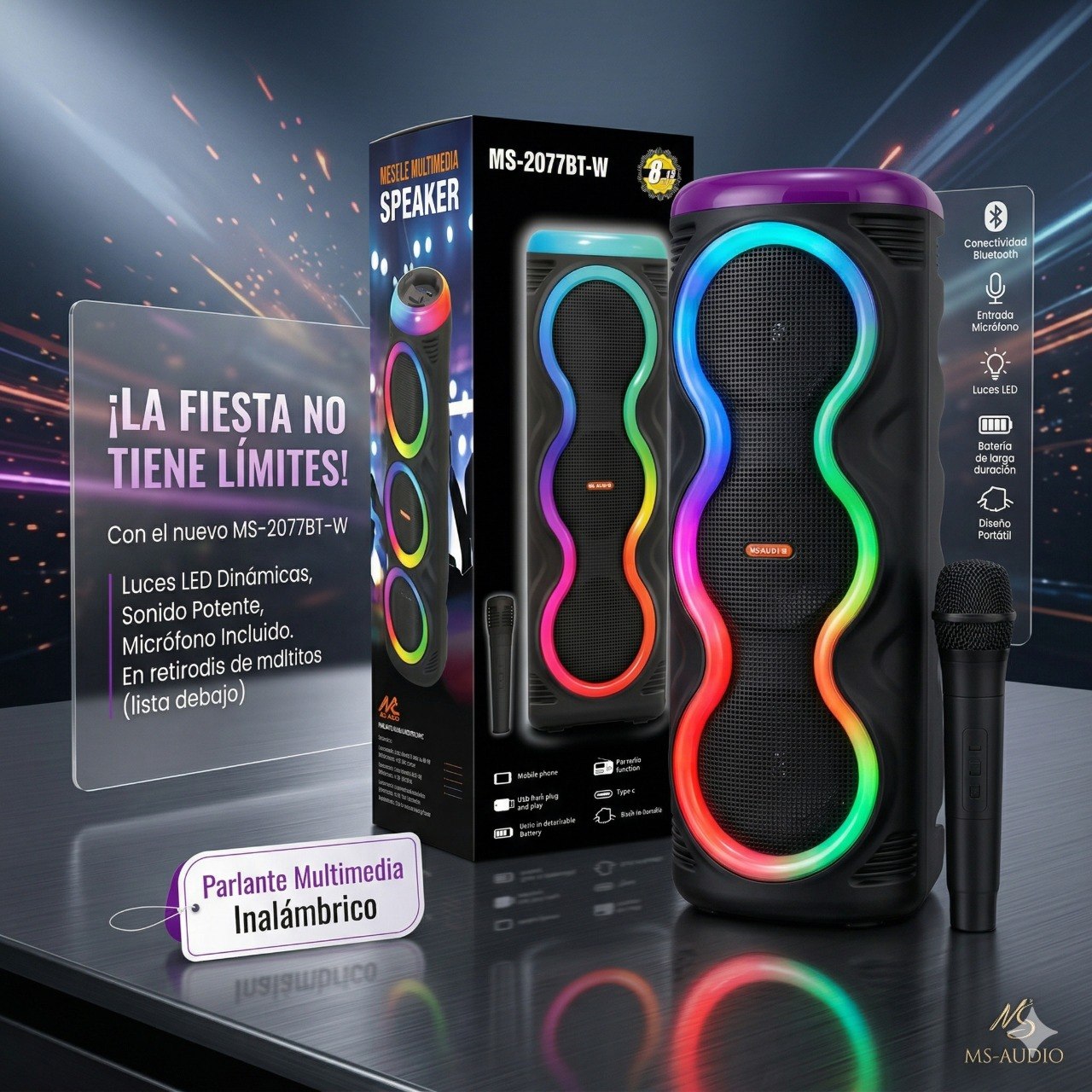 PARLANTE ALTAVOZ DE TORRE INALAMBRICO CON PANEL RGB COMPRLETO MODELO MS-2077BT-W 80CM
