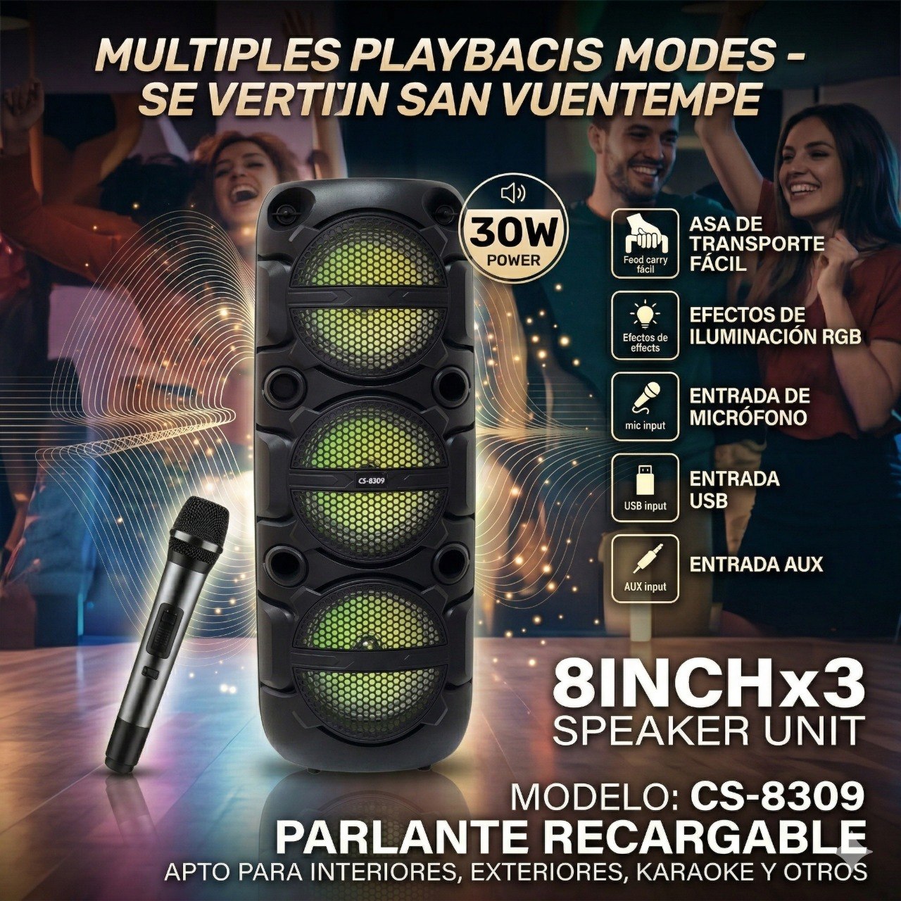 PARLANTE ALTAVOZ DE TORRE INALAMBRICO PORTATIL CON ILUMINACION RGB COMPLETO MODELO CS-8309 60CM