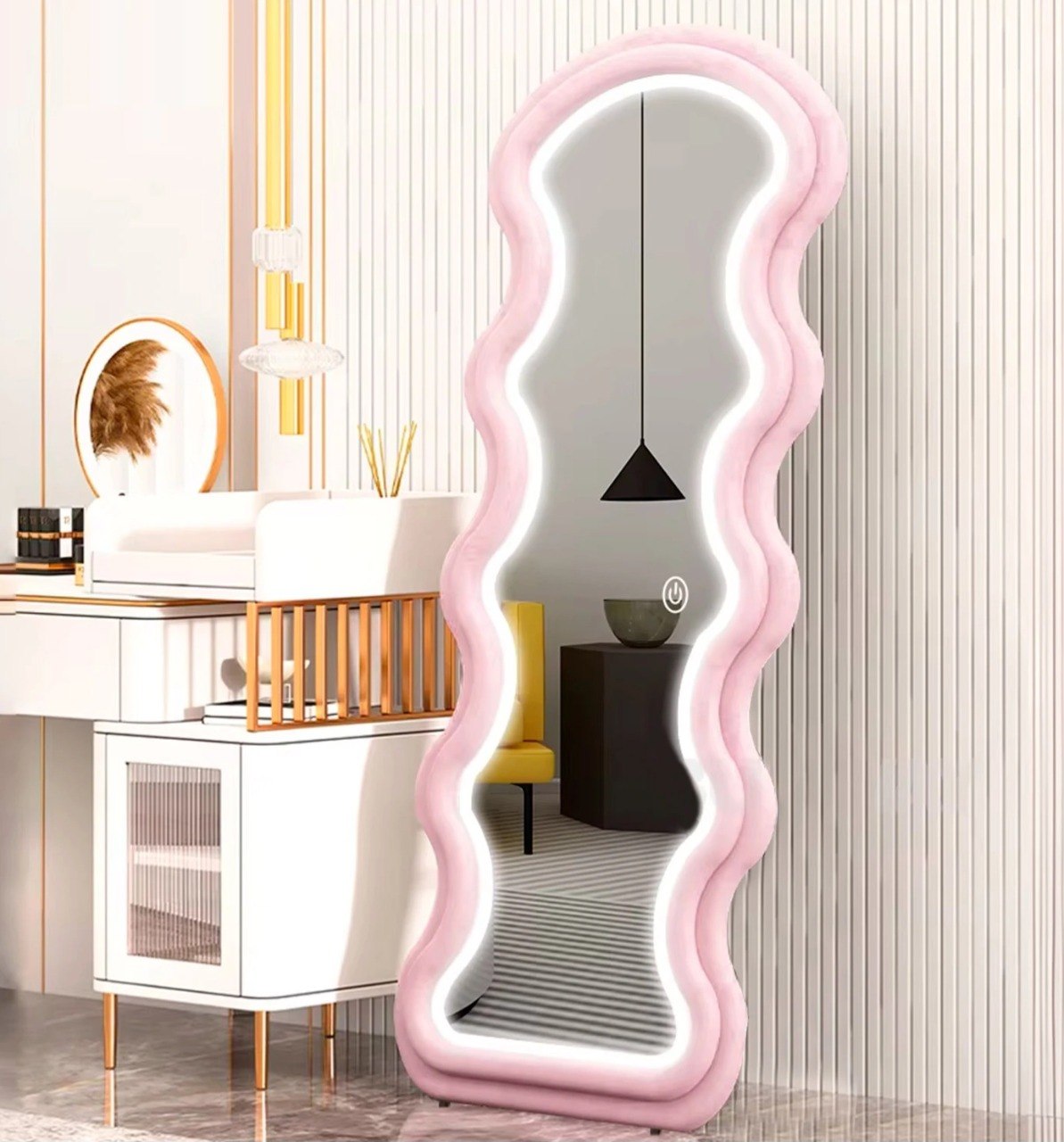 ESPEJO DE CUERPO COMPLETO ONDULADO ATERCIOPELADO COLOR ROSADO 60X160CM