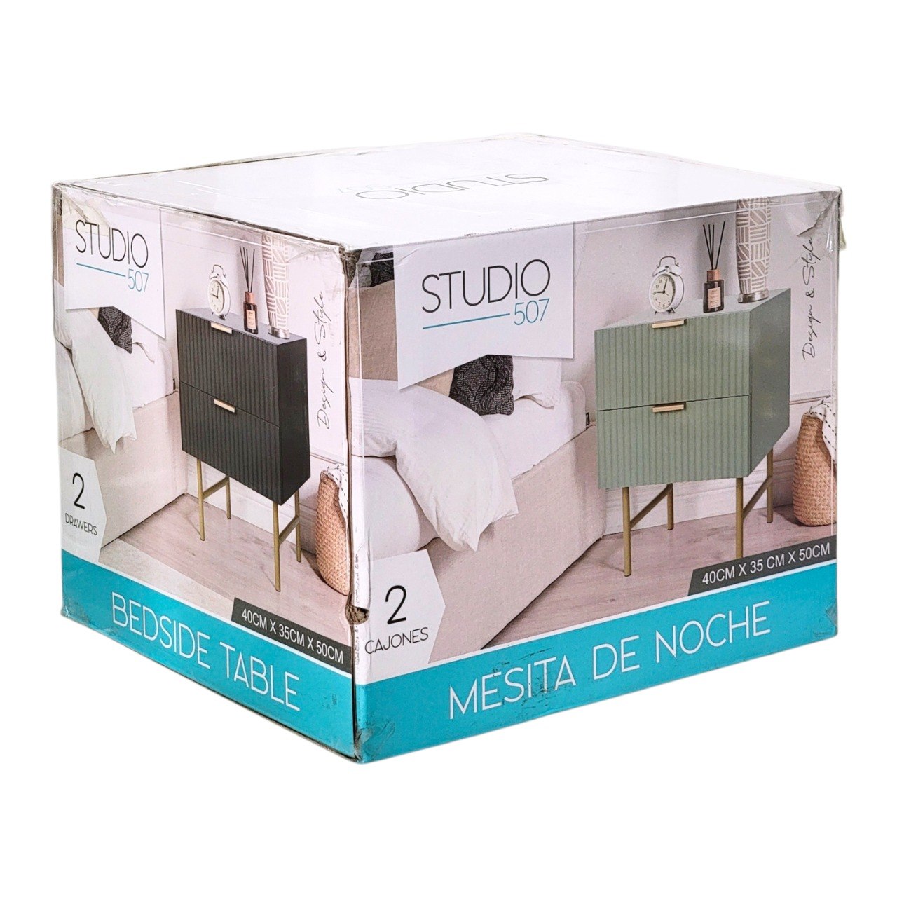 MESA DE NOCHE CON 2 CAJONES COLOR VERDE ESTILO NATURAL STUDIO 507 40X35X50CM