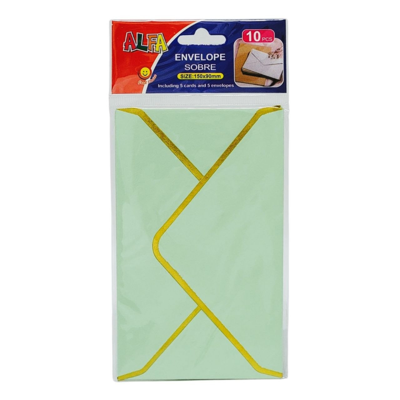 SET DE TARJETAS Y SOBRES CON BORDES DORADOS 10UND ALFA 150X90MM