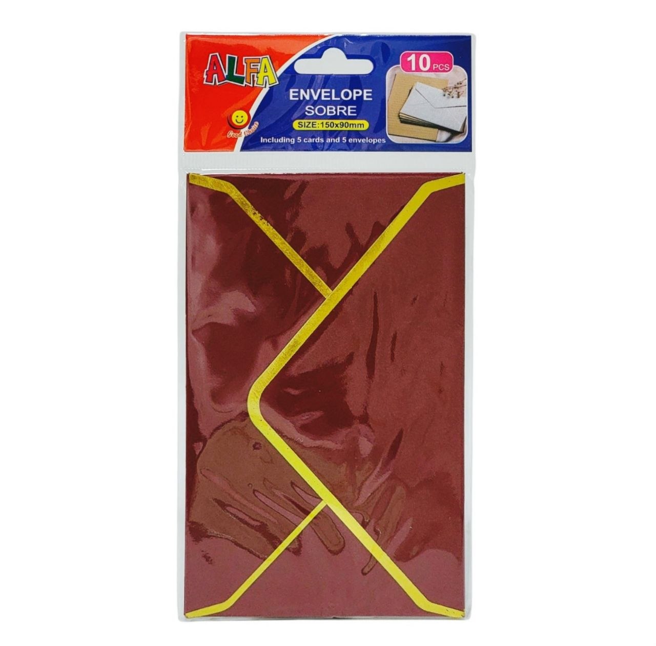 SET DE TARJETAS Y SOBRES CON BORDES DORADOS 10UND ALFA 150X90MM