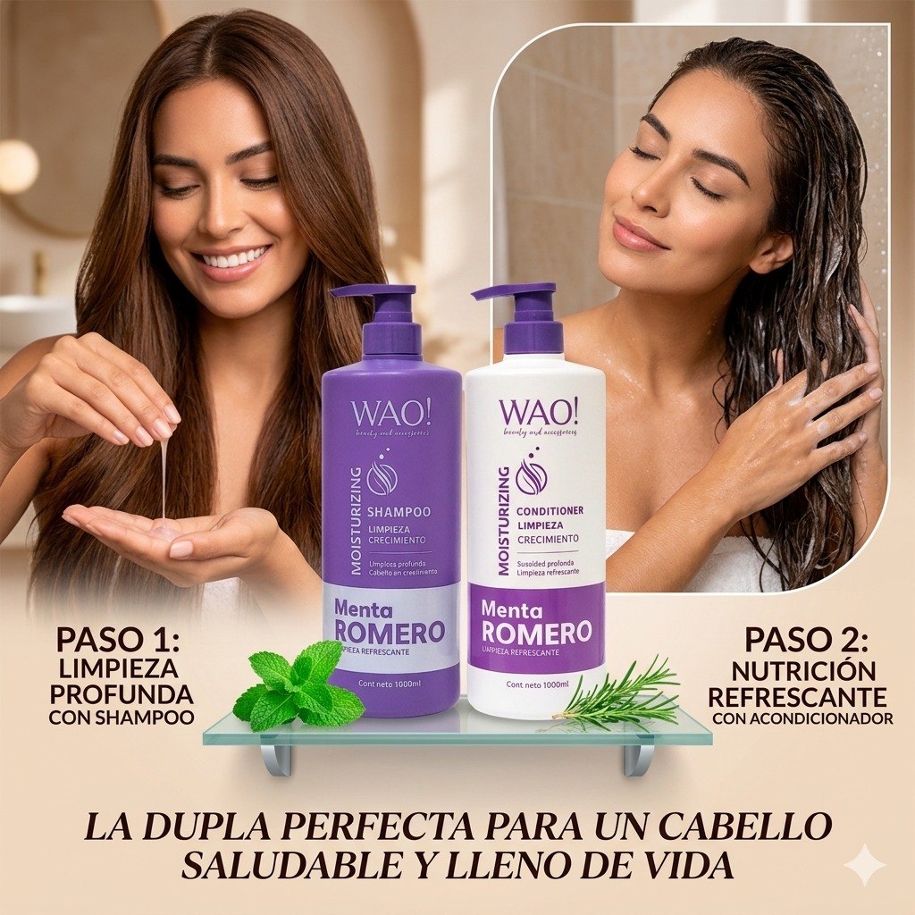SET DE SHAMPOO Y ACONDICIONADOR ESTIMULANTE DE MENTA Y ROMERO WAO! 1000MLX2