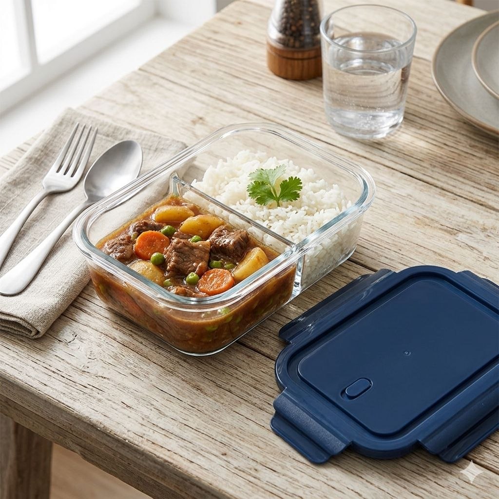 RECIPIENTE PANA PARA ALIMENTOS DE VIDRIO HERMETICO CON VALVULA DE VAPOR CON DIVISION 19X14X7CM