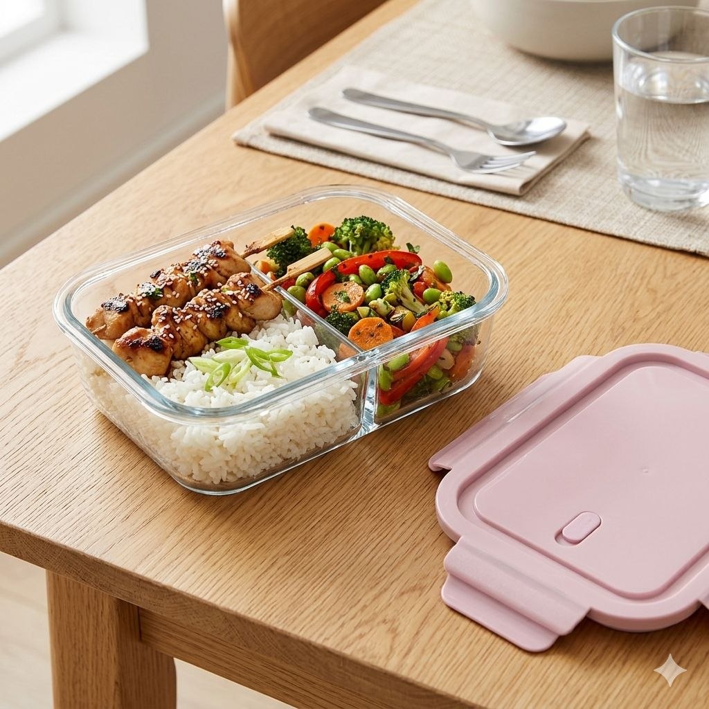 RECIPIENTE PANA PARA ALIMENTOS DE VIDRIO HERMETICO CON VALVULA DE VAPOR CON DIVISION 19X14X7CM