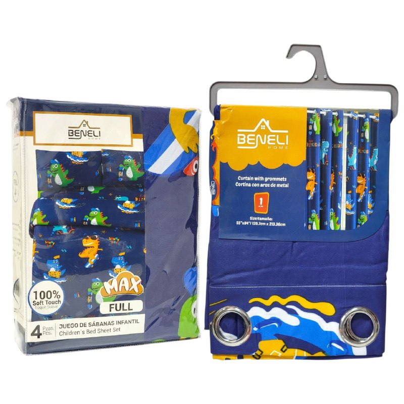 JUEGO DE SABANAS MATRIMONIAL CON CORTINAS PARA NIÑOS DE DINOSAURIOS 6PCS BENELI HOME