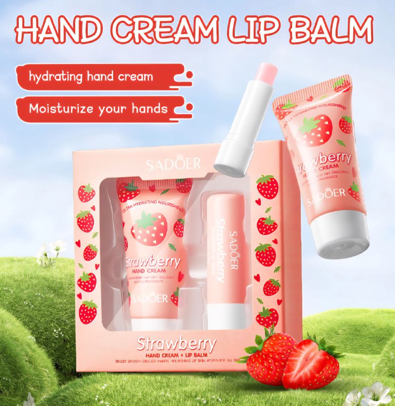 SET DE CUIDADO PERSONAL CREMA DE MANOS Y BALSAMO LABIAL CON FRAGANCIA A FRESA 2PCS SADOER
