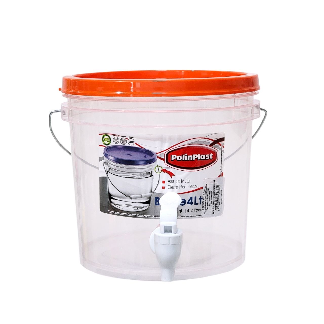 RECIPIENTE BALDE PARA LIQUIDOS CON DISPENSADOR ASA DE METAL Y CIERRE HERMETICO POLINPLAST 4L