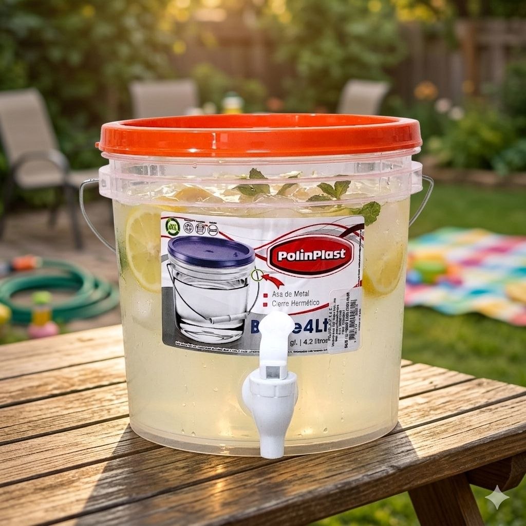 RECIPIENTE BALDE PARA LIQUIDOS CON DISPENSADOR ASA DE METAL Y CIERRE HERMETICO POLINPLAST 4L