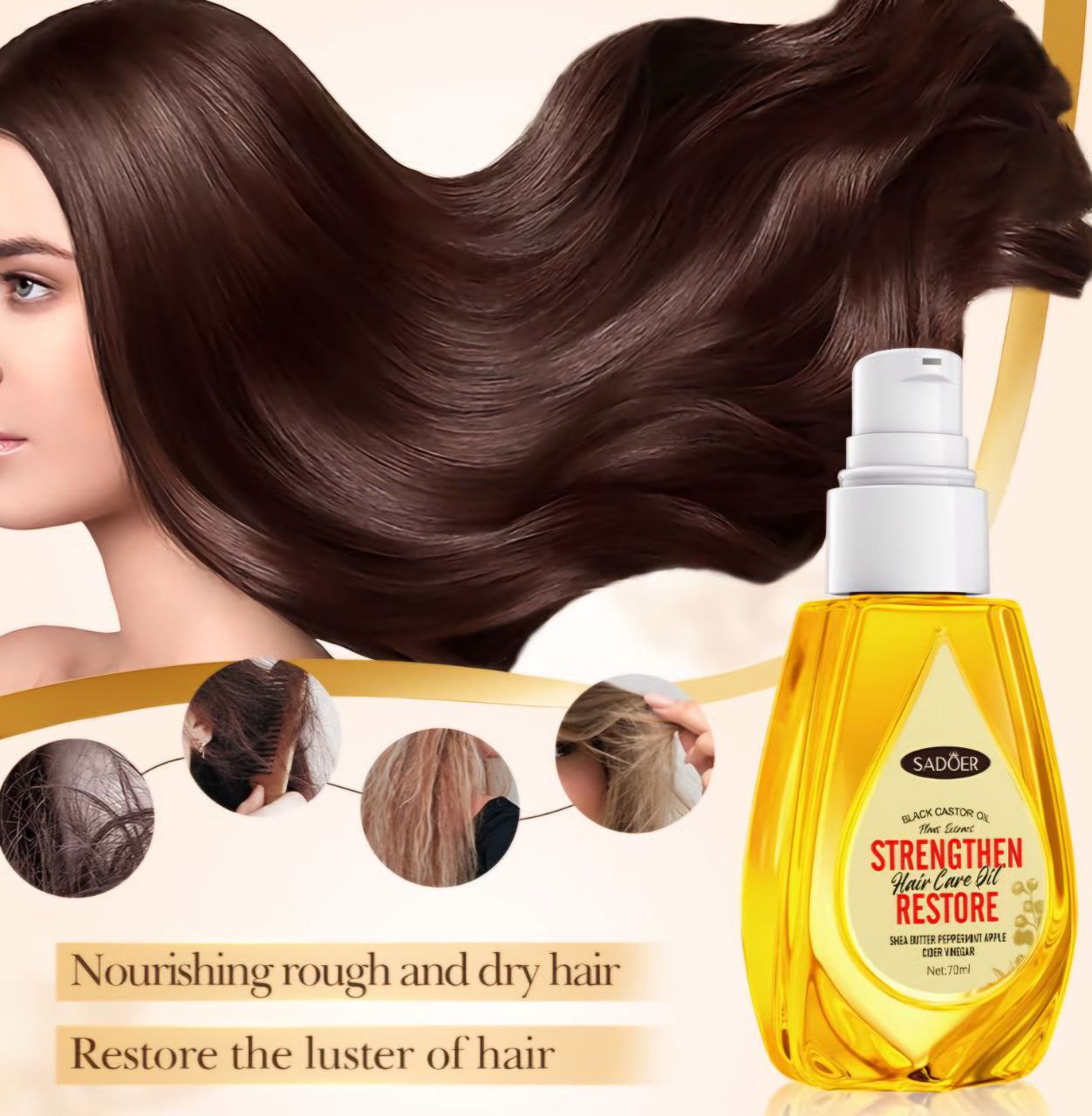 ACEITE PARA EL CABELLO FORTALECEDOR Y RESTAURADOR CON RICINO NEGRO MANTECA DE KARITE MENTA Y CIDRA DE MANZANA SADOER 70ML