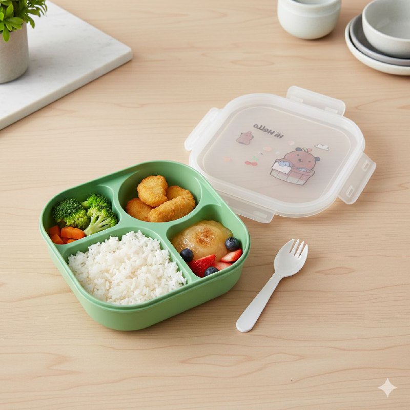 RECIPIENTE PANA PARA ALIMENTOS INFANTIL DE 4 COMPARTIMIENTOS CON TENEDOR BENELI HOME 21X21X6CM
