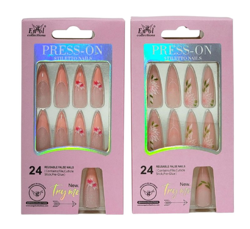 SET DE 24 UÑAS POSTIZAS REUTILIZABLES, LIMA, PALILLO PARA CUTICULA Y PEGAMENTO ENGOL COLLECTIONS