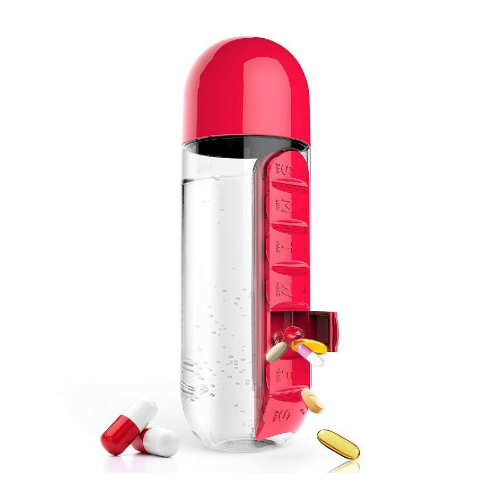 BOTE PARA AGUA 2 EN 1 CON ORGANIZADOR DE PASTILLAS 7 DIAS, VARIOS COLORES