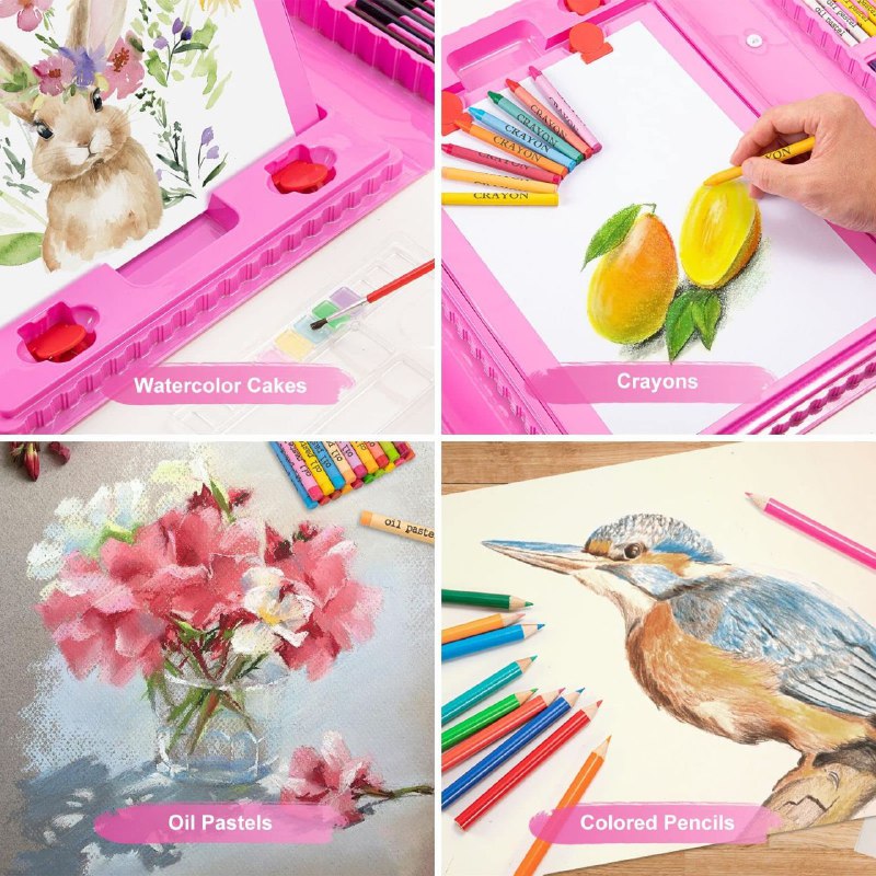ESTUCHE DE ARTE Y DIBUJO CREATIVO PORTATIL PARA NIÑOS COLOR ROSADO 208 PIEZAS
