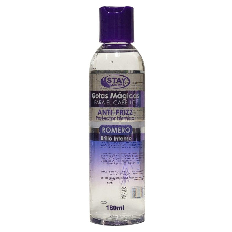 ACEITE PARA EL CABELLO GOTAS MAGICAS DE ROMERO ANTIFRIZZ PROTECTOR TERMICO Y BRILLO INTENSO STAY BEAUTIFUL 180ML