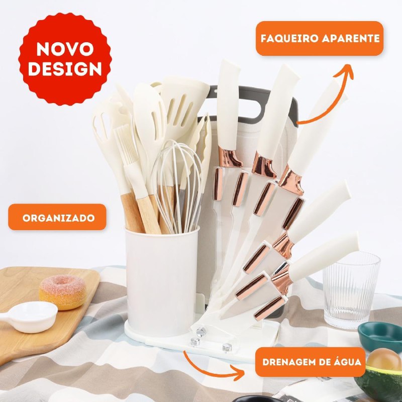 JUEGO DE CUCHILLOS DE COCINA, NEGRO GRIS Y BLANCO UTENSILIOS DE COCINA, CUCHARONES AGARRE COMODO, LIGERO, DURADERO EVRYALTH 18UND