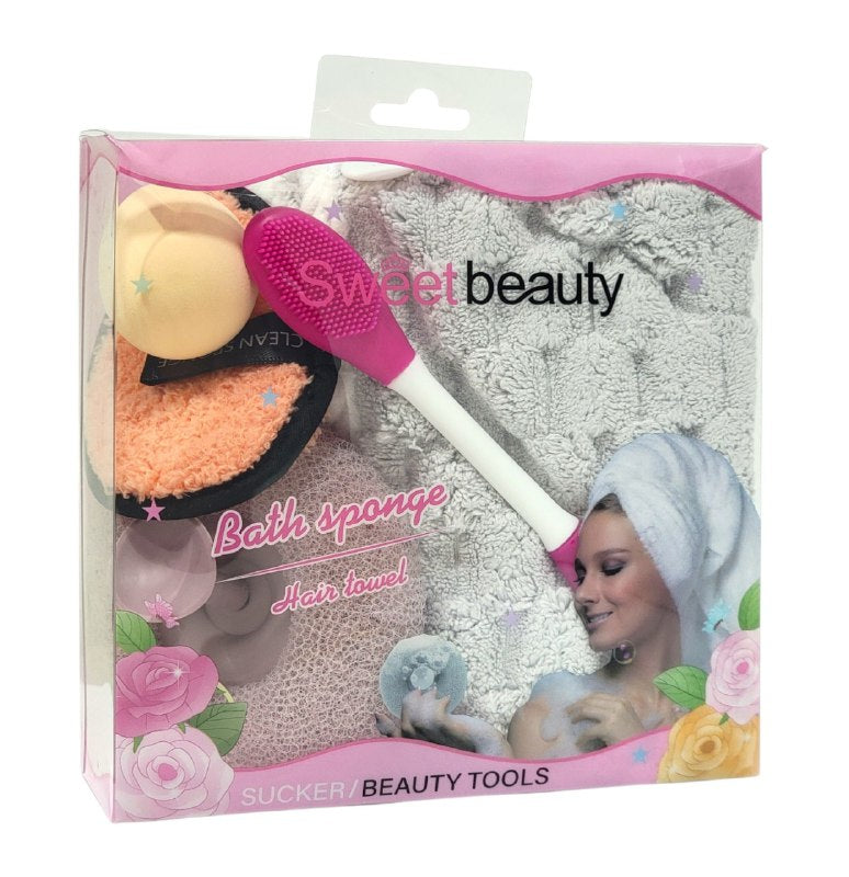KIT DE CUIDADO FACIAL, TOALLA PARA EL PELO, ESPONJA DE MAQUILLAJE, CEPILLO DE SILICONA FACIAL, ALMOHADILLA DESMAQUILLANTE, ESPONJA EXFOLIANTE SWEET BEAUTY, 5 COLORES