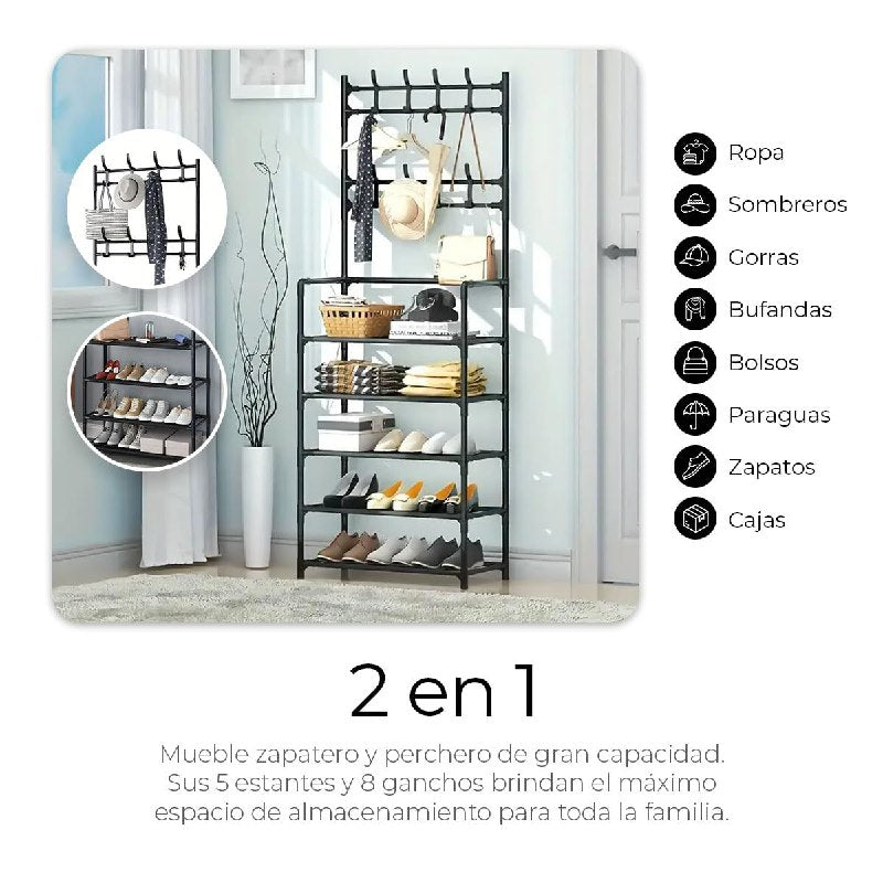 ORGANIZADOR ZAPATERA PLASTICA DE 5 NIVELES, PERCHERO MULTIFUNCIONAL 2 EN 1, CAPACIDAD 15 PARES, 8 GANCHOS COLOR NEGRO NEW SIMPLE FLOOR 80X29.5X171CM