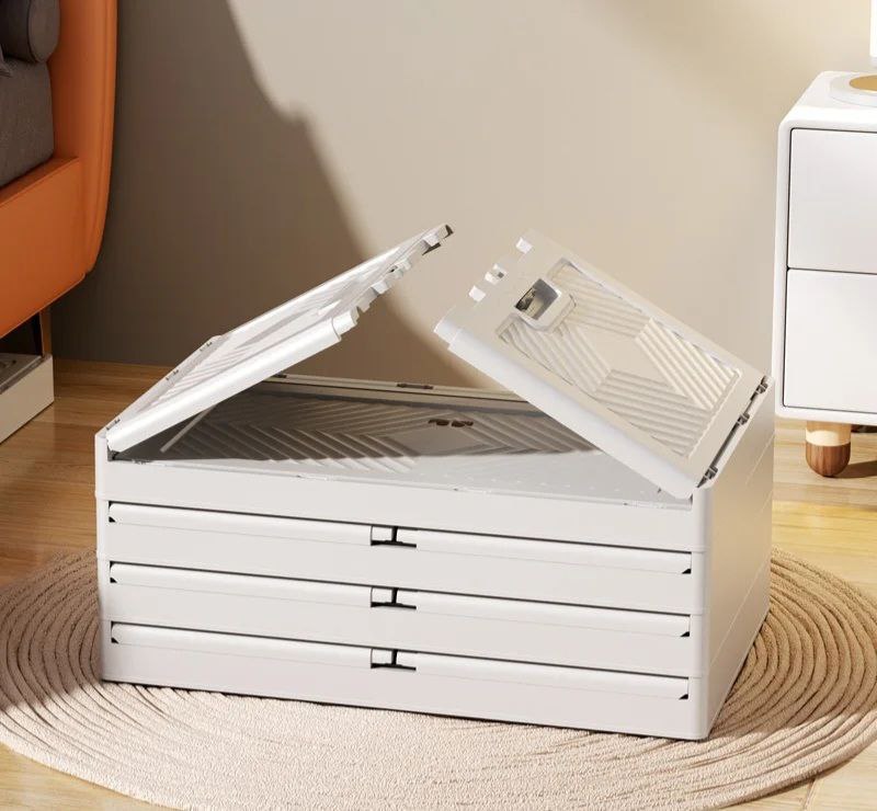 ORGANIZADOR ESTANTE DE ALMACENAMIENTO CON TAPAS, PUERTAS DOBLES CON 4 RUEDAS DESMONTABLES, 5 CAJAS DE ALMACENAMIENTO DE PLASTICO COLOR BLANCO