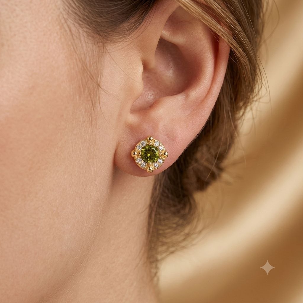 ARITOS DE ENCHAPE PARA DAMA CON DISEÑO PIEDRA VERDE  1 CM