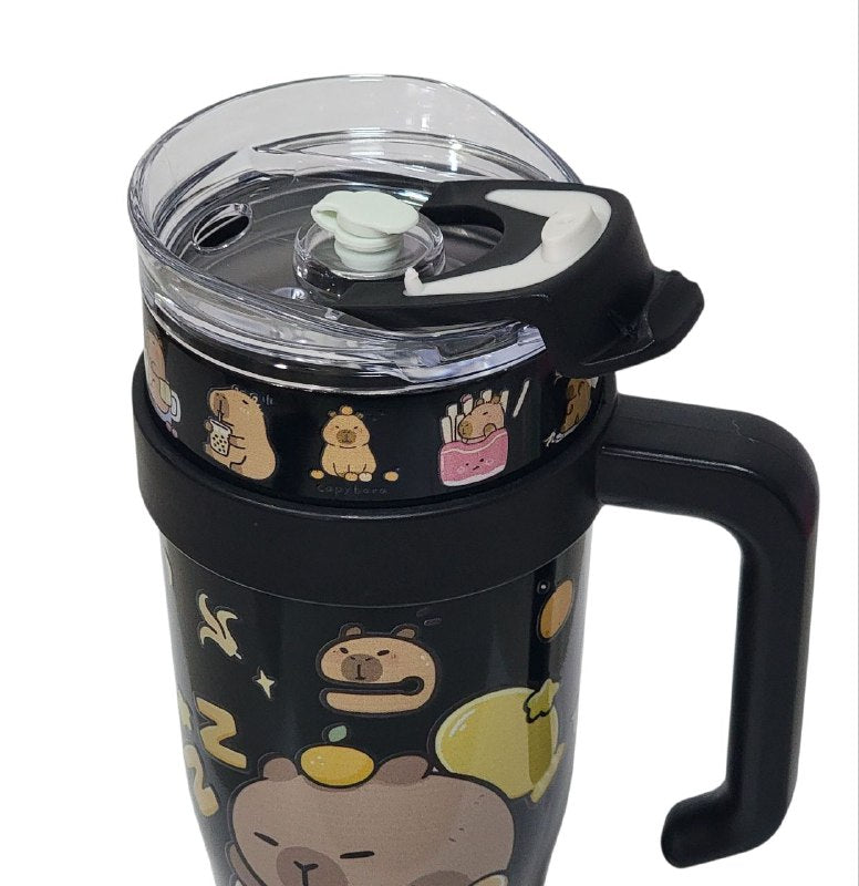 VASO TERMO DE ACERO INOXIDABLE CON ASA DISEÑO DE CAPIBARA,CAPYBARA CON SORBETE Y MUCHO ESTILO 1200ML